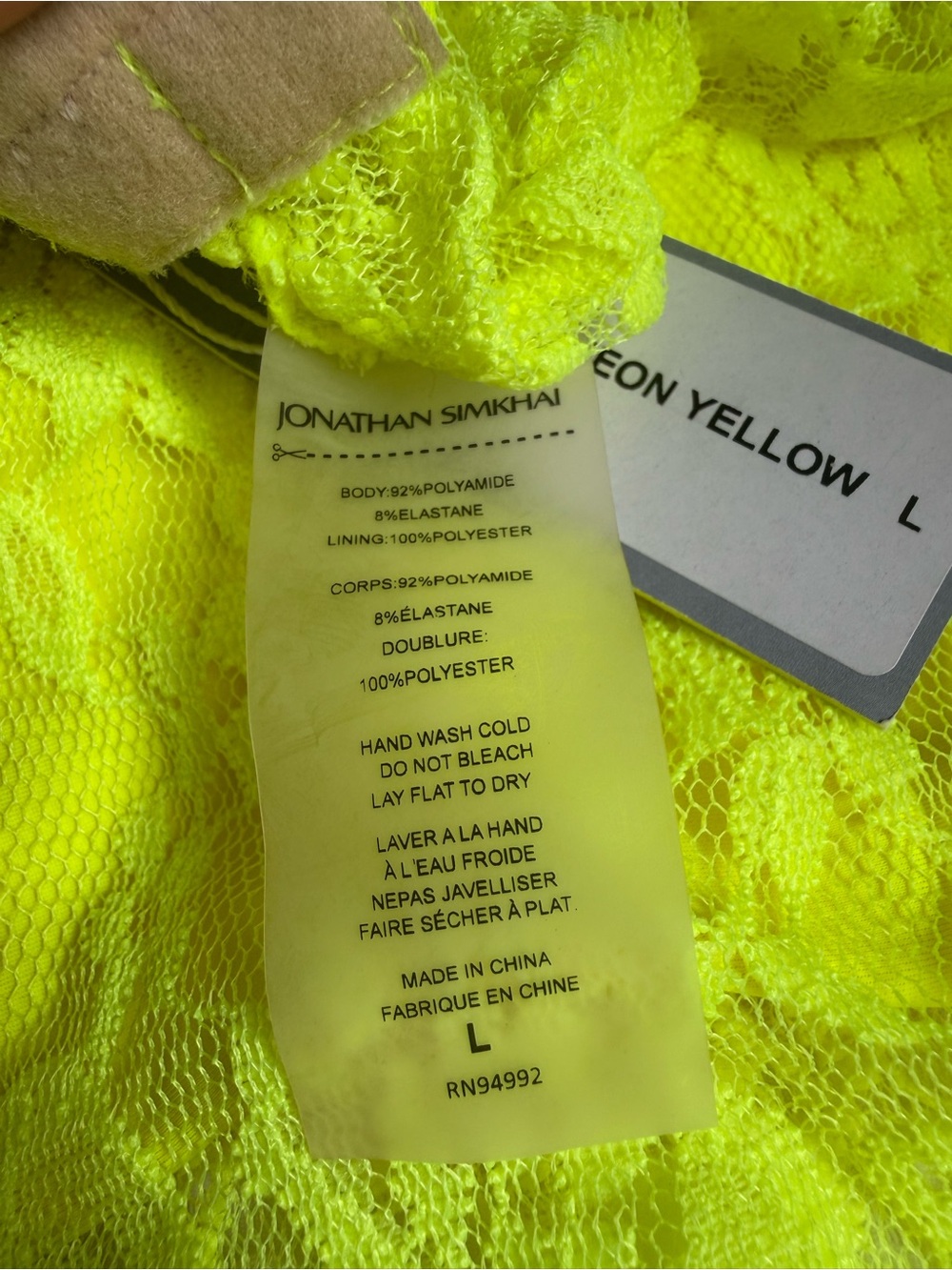 Jonathan Simkhai x Revolve Neon Yellow Lace Long Sleeve Bodysuit size Large - Picture 11 of 11
